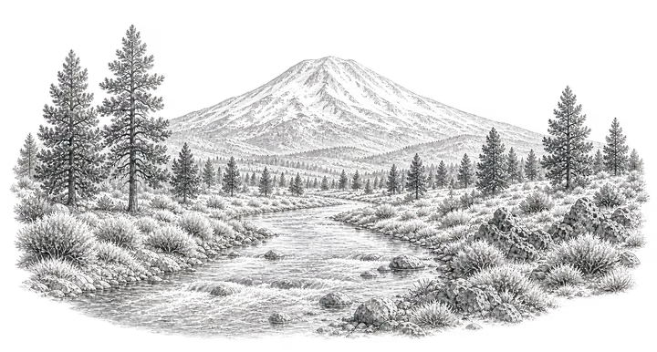 Graphite sketch of Mount Bachelor and the Deschutes River