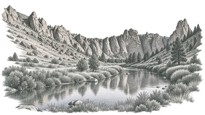 Graphite sketch of Smith Rock above the Crooked River