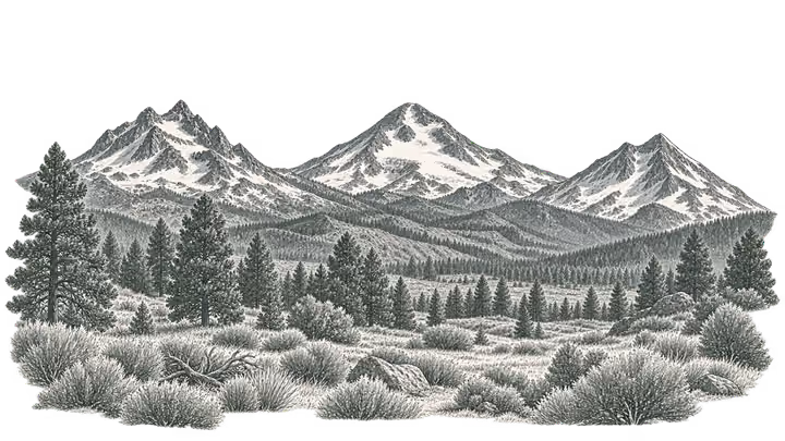Graphite sketch of the Three Sisters above a high-desert meadow