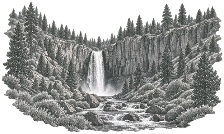 Graphite sketch of Tumalo Falls framed by Central Oregon pines